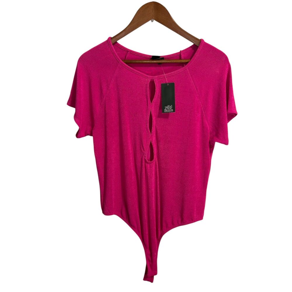 Hot Pink Ribbed Keyhole Tie-Front Bodysuit Short Sleeve Stretch Top